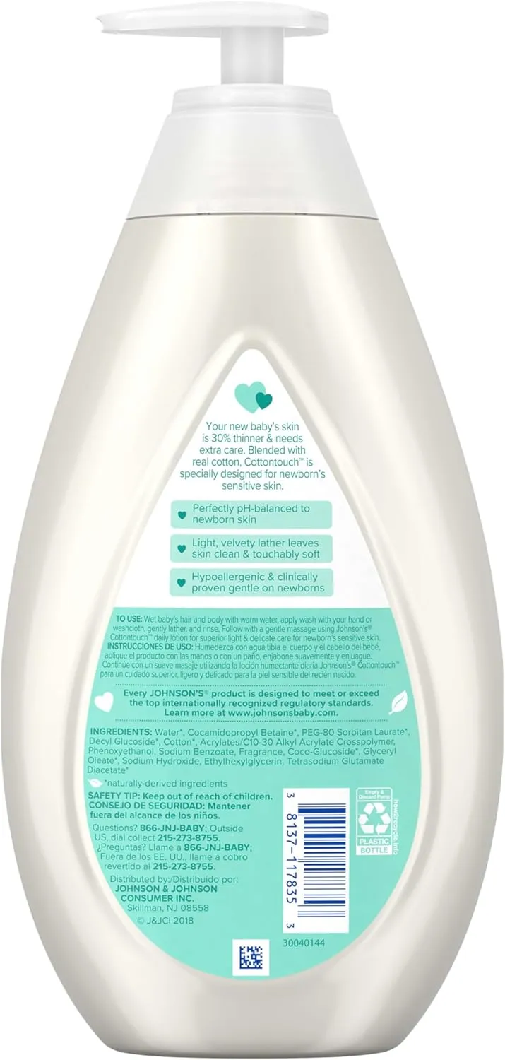 Johnson's CottonTouch Newborn Baby Wash & Shampoo with No More Tears, Sulfate-, Paraben- Free for Sensitive Skin, Made with Real Cotton, Gently Washes Away Dirt & Germs, 27.1 fl. oz