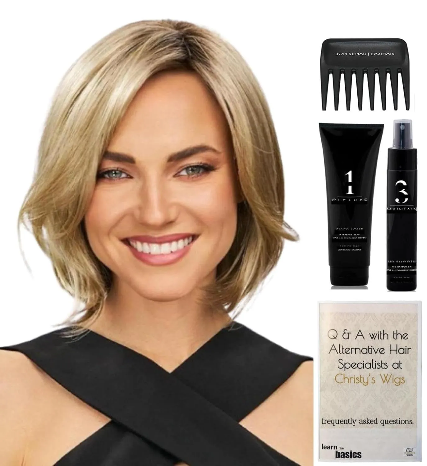 Jon Renau & Christy's Wigs Bundle - 5 Items: Kyla Wig Q & A Booklet, 2oz Travel Size Wig Shampoo, HD Smooth and Wide Tooth Comb - Color: 6