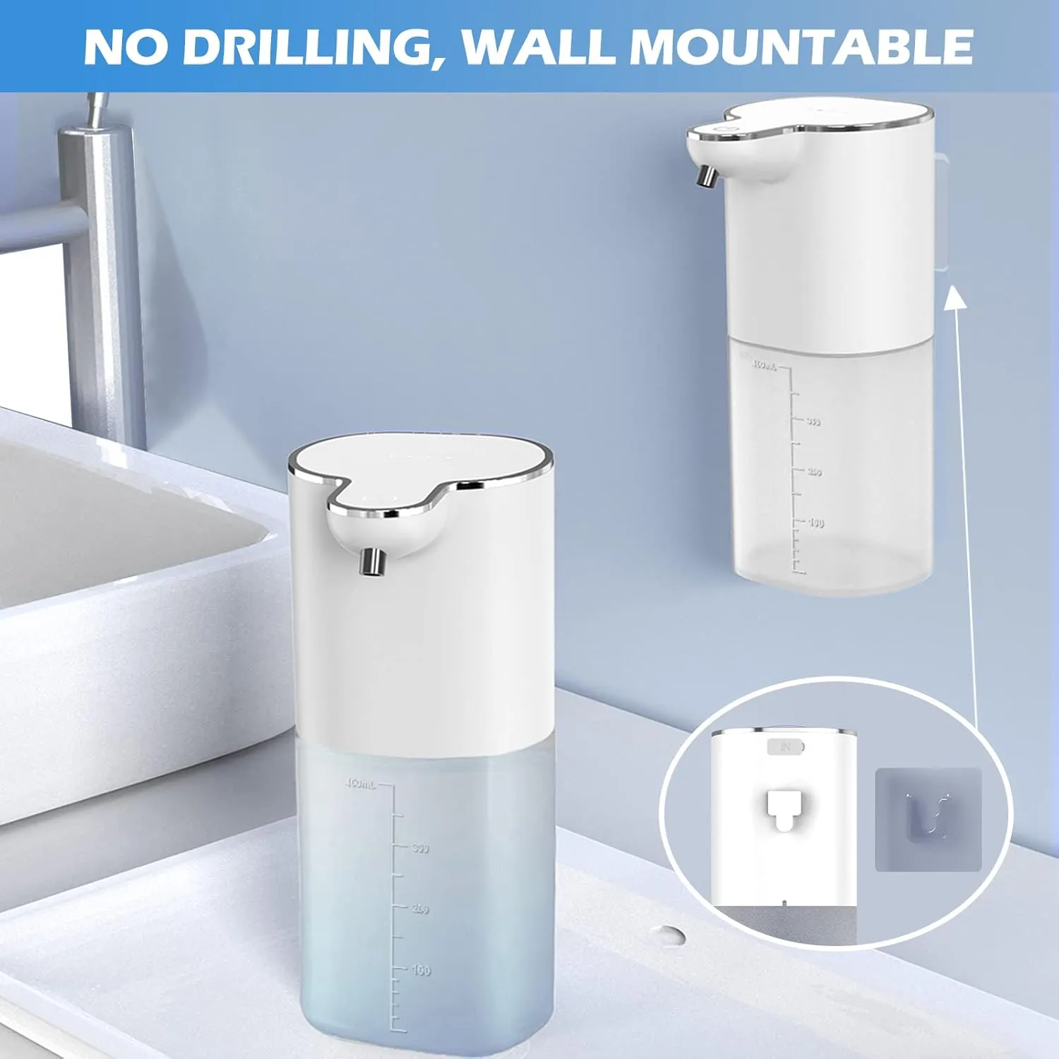 Josnown Automatic Liquid Soap Dispenser, 13.5oz/400ML Wall Mount Soap Dispenser, USB Rechargeable, Waterproof Pump for Bathroom, Kitchen