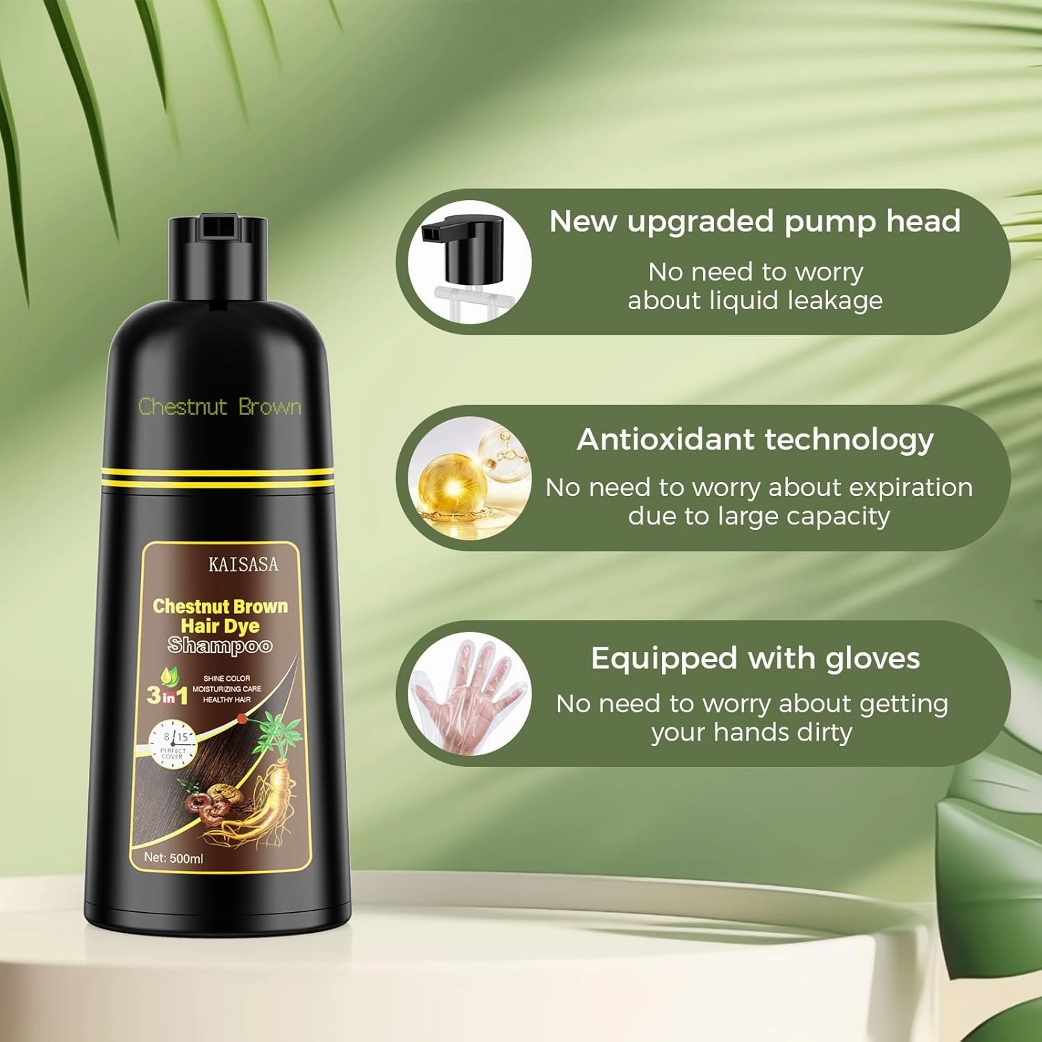 JUANCHI Hair dye shampoo,Organic Natural Hair Dye Shampoo 3 in 1 for Gray Hair,16.9 Fl Oz,Black for Women Men,Easy to Use, Long-Lasting,Paraben Free(Chestnut Brown)