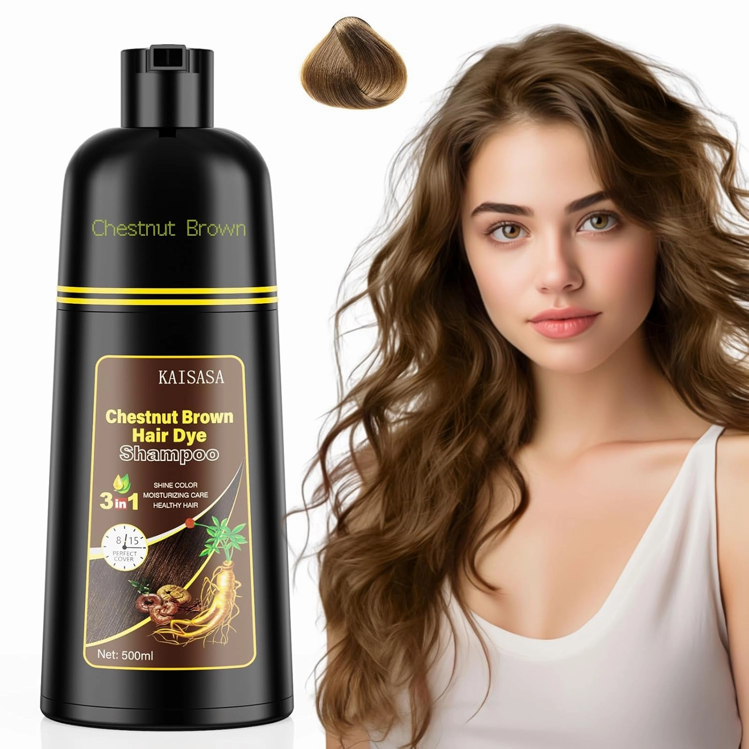 JUANCHI Hair dye shampoo,Organic Natural Hair Dye Shampoo 3 in 1 for Gray Hair,16.9 Fl Oz,Black for Women Men,Easy to Use, Long-Lasting,Paraben Free(Chestnut Brown)