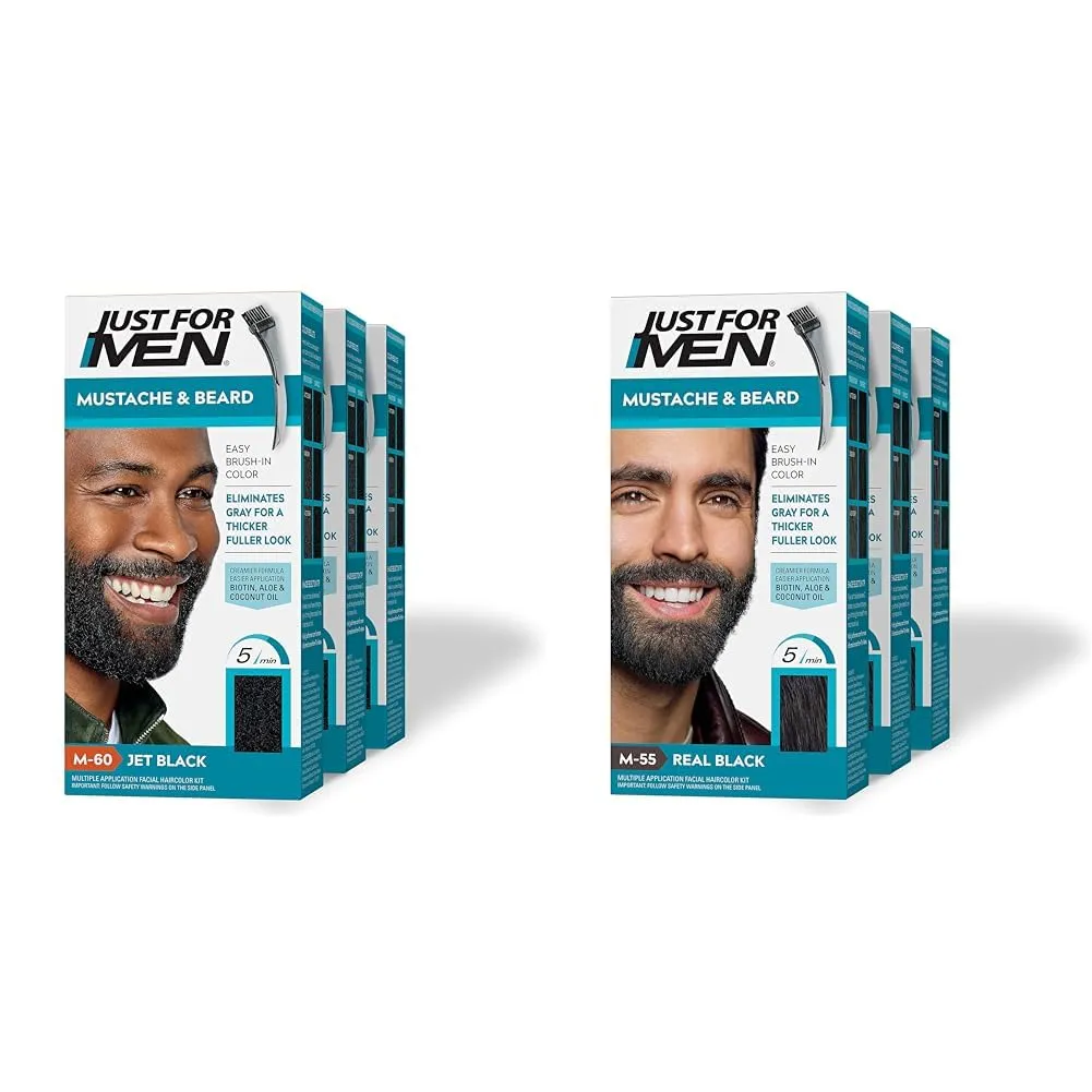 Just For Men Mustache & Beard & Mustache & Beard, Beard Dye for Men with Brush Included for Easy Application, With Biotin Aloe and Coconut Oil for Healthy Facial Hair - Real Black, M-55, Pack of 3