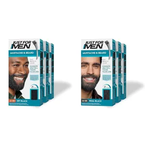 Just For Men Mustache & Beard & Mustache & Beard, Beard Dye for Men with Brush Included for Easy Application, With Biotin Aloe and Coconut Oil for Healthy Facial Hair - Real Black, M-55, Pack of 3
