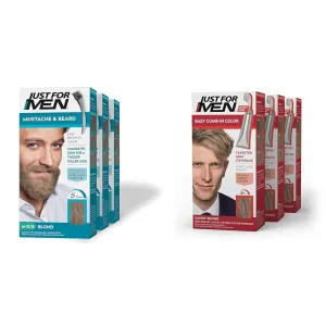 Just For Men Mustache & Beard, Beard Dye for Men with Brush & Easy Comb-In Color Mens Hair Dye, Easy No Mix Application with Comb Applicator - Sandy Blond, A-10, Pack of 3