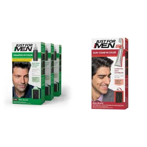 Just For Men Mustache & Beard, Beard Dye with Brush Included- Real Black, H-55, Pack of 3 & Easy Comb-In Color Mens Hair Dye, Real Black, A-55, Pack of 1