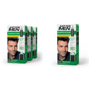 Just For Men Mustache & Beard, Beard Dye with Brush Included- Real Black, H-55, Pack of 3 & Shampoo-In Color (Formerly Original Formula), Real Black, H-55, Pack of 1
