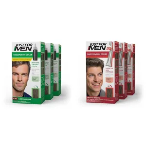 Just For Men Shampoo-In Color (Formerly Original Formula) & Easy Comb-In Color Mens Hair Dye, Easy No Mix Application with Comb Applicator - Medium Brown, A-35, Pack of 3