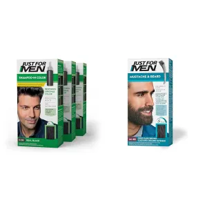 Just For Men Shampoo-In Color (Formerly Original Formula), Mens Hair Color with Keratin and Vitamin & Mustache & Beard, Beard Dye for Men with Brush Included for Easy Application