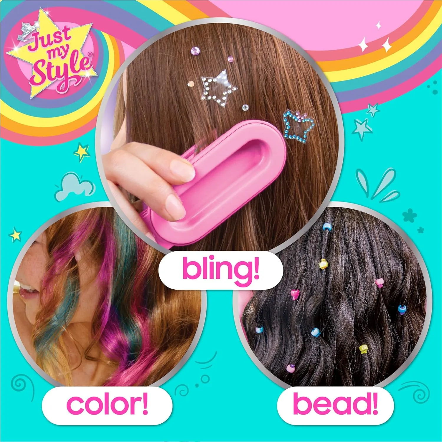 Just My Style All-in-One Hair Stylist, 4-in-1 Styling Tool with Gem Stamper, Beader, Chalk, and Brush - Fun Hair Accessories for Girls 8-12