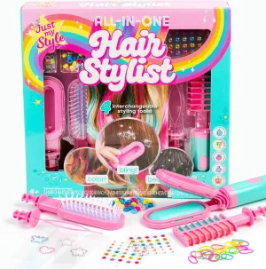 Just My Style All-in-One Hair Stylist, 4-in-1 Styling Tool with Gem Stamper, Beader, Chalk, and Brush - Fun Hair Accessories for Girls 8-12