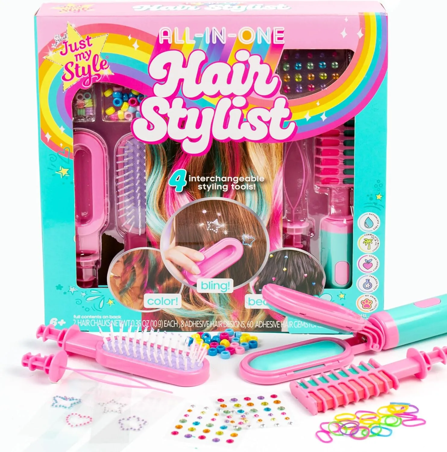 Just My Style All-in-One Hair Stylist, 4-in-1 Styling Tool with Gem Stamper, Beader, Chalk, and Brush - Fun Hair Accessories for Girls 8-12