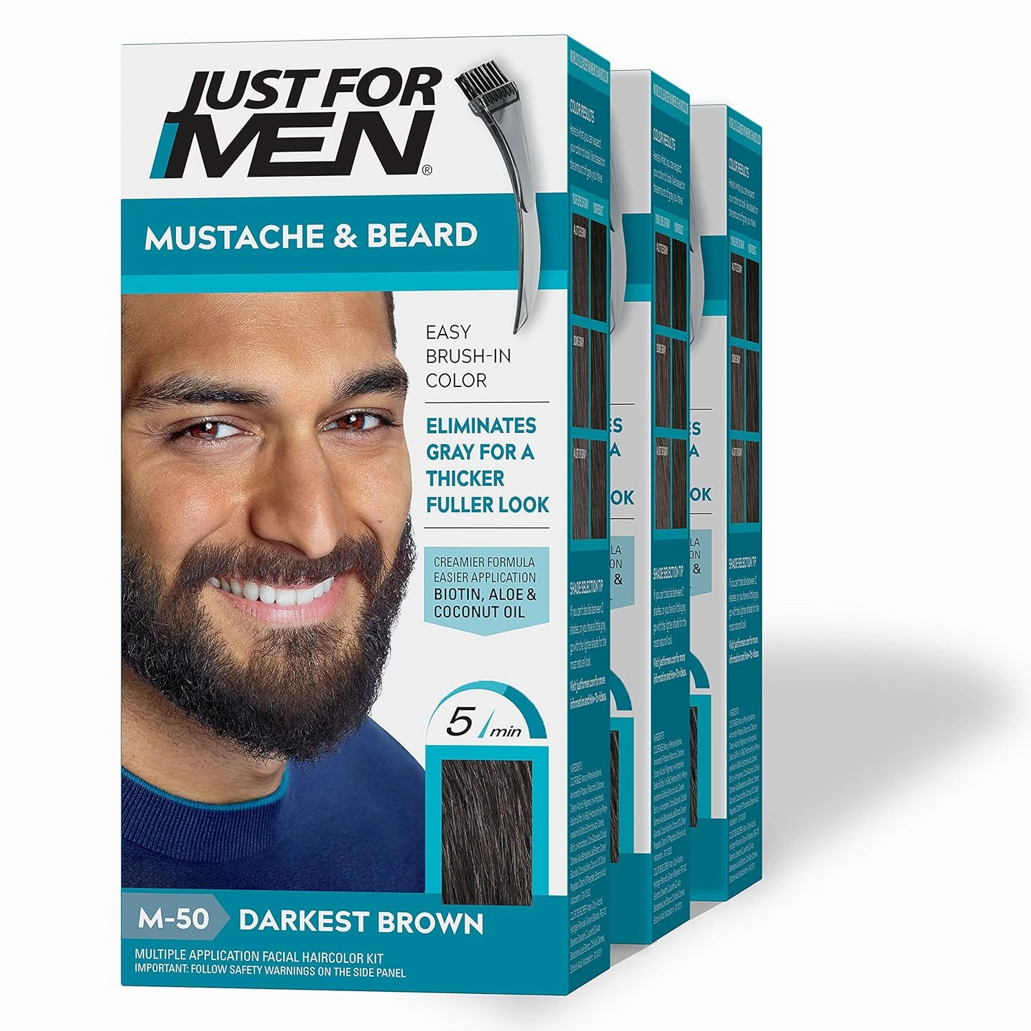 Just For Men Mustache & Beard, Beard Dye for Men, Darkest Brown M-50, Ammonia-Free, With Brush Included, Suitable for All Hair Colors