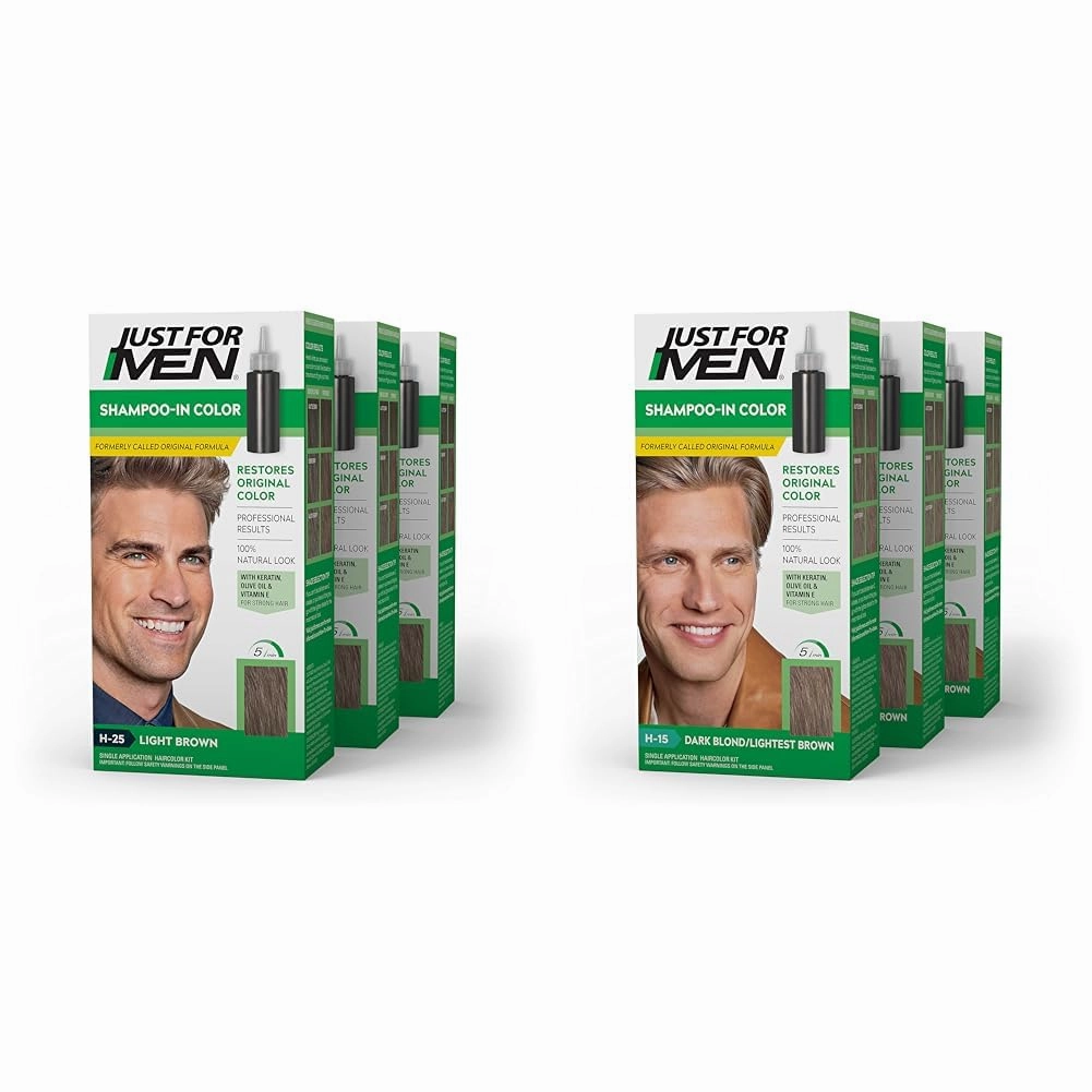 Just For Men Shampoo-In Color Hair Dye Bundle - Light Brown H-25 and Dark Blond/Lightest Brown H-15, Packs of 3