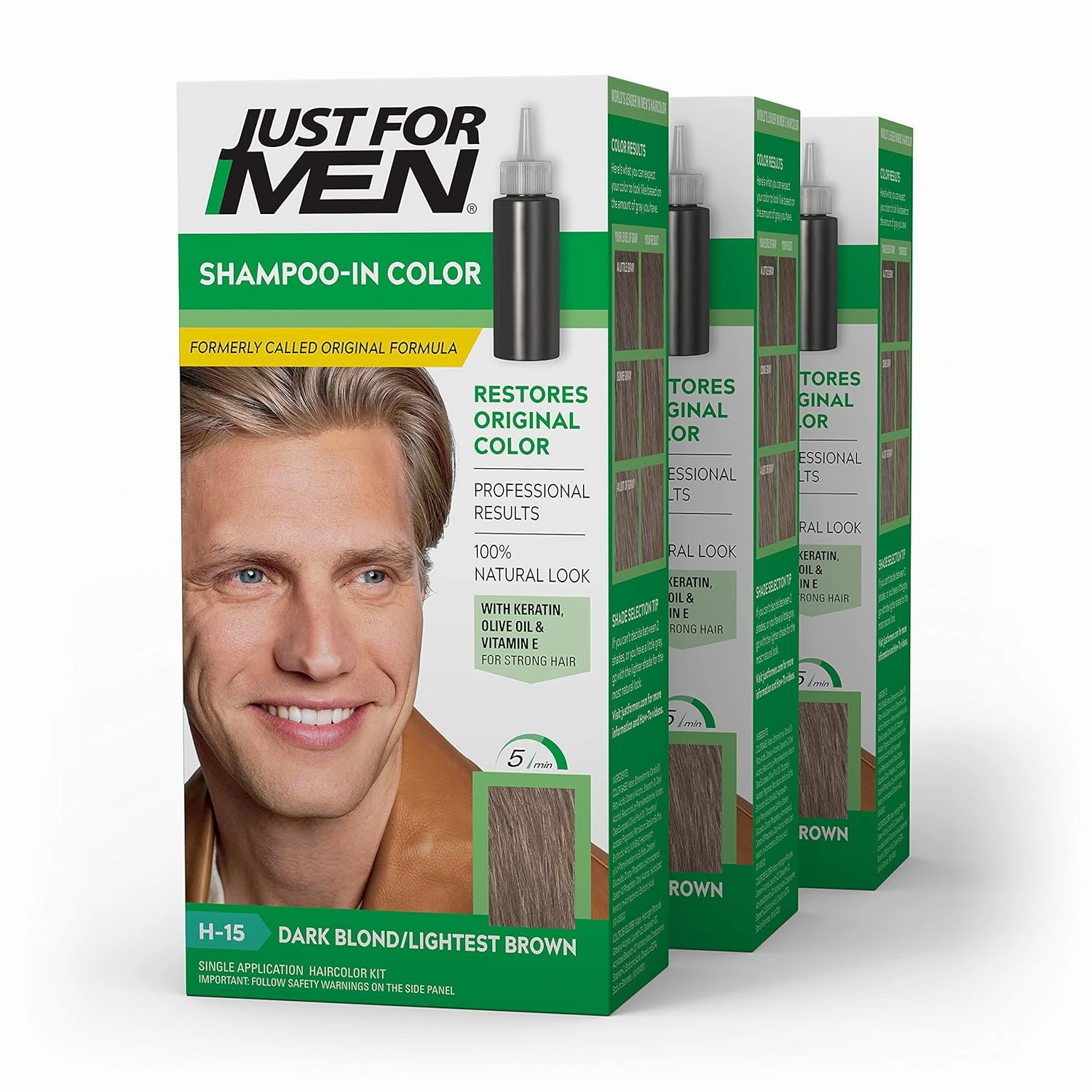 Just For Men Shampoo-In Color Hair Dye Bundle - Light Brown H-25 and Dark Blond/Lightest Brown H-15, Packs of 3