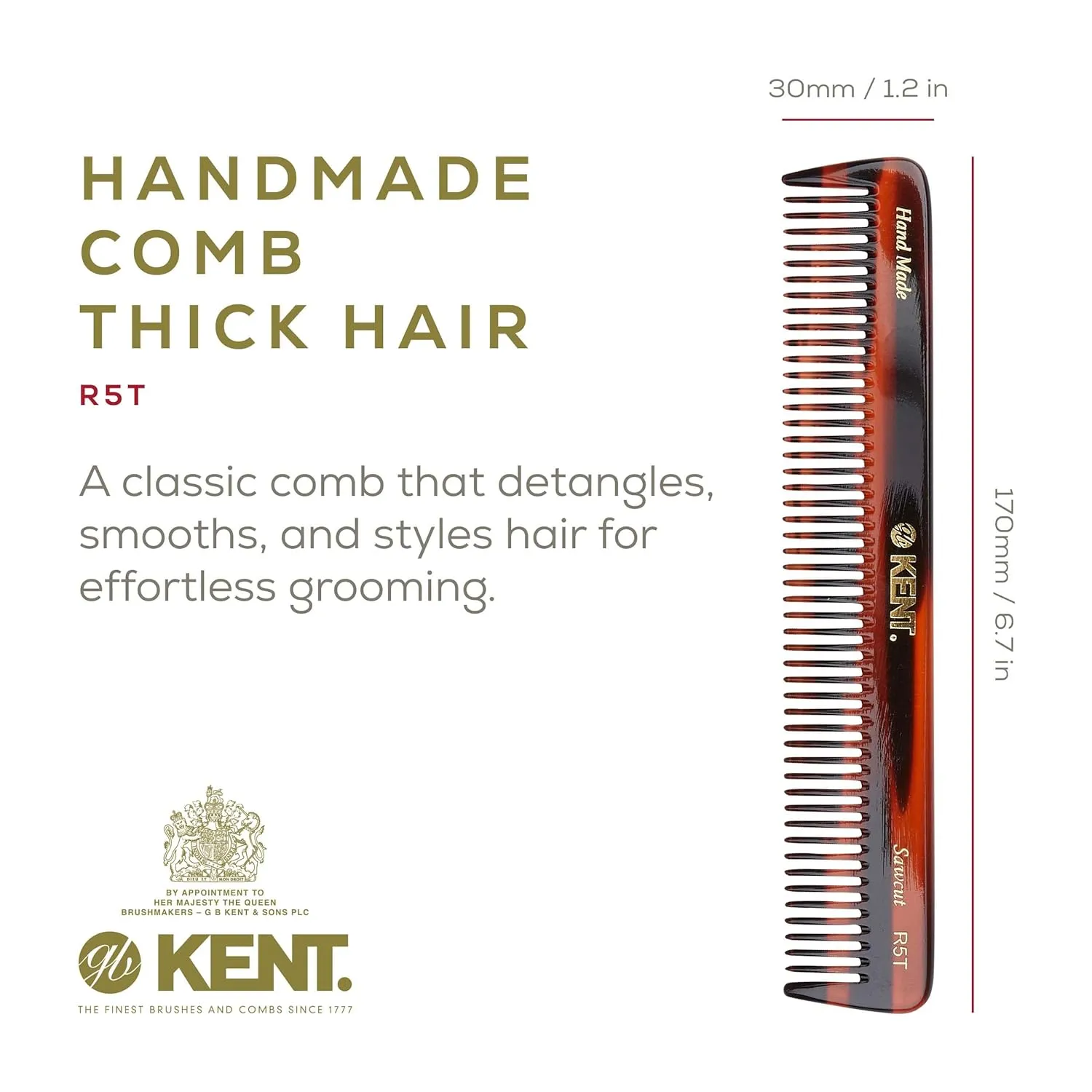 KENT Saw-Cut Hair Comb, All Coarse Hair Detangling Comb, Wide Teeth Dressing Table Comb for Thick Curly Wavy Hair, Handmade in England, 2 Pack