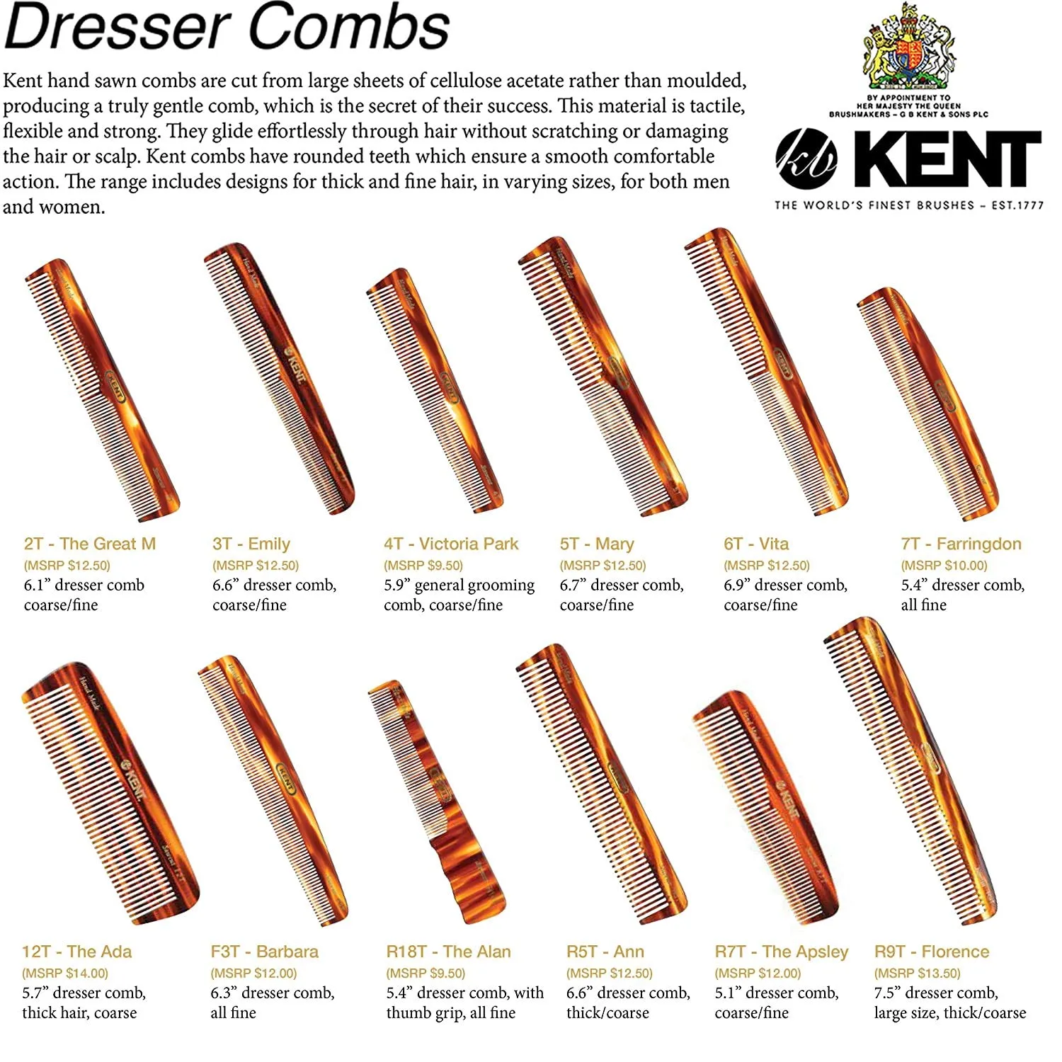 KENT Saw-Cut Hair Comb, All Coarse Hair Detangling Comb, Wide Teeth Dressing Table Comb for Thick Curly Wavy Hair, Handmade in England, 2 Pack