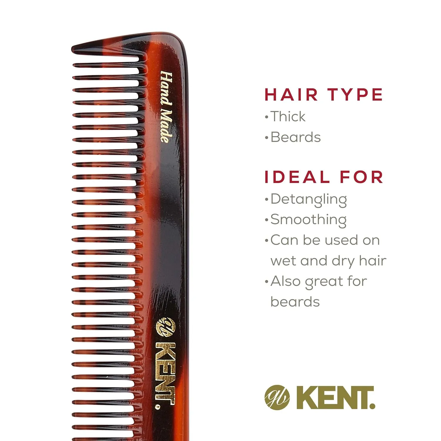 KENT Saw-Cut Hair Comb, All Coarse Hair Detangling Comb, Wide Teeth Dressing Table Comb for Thick Curly Wavy Hair, Handmade in England, 2 Pack