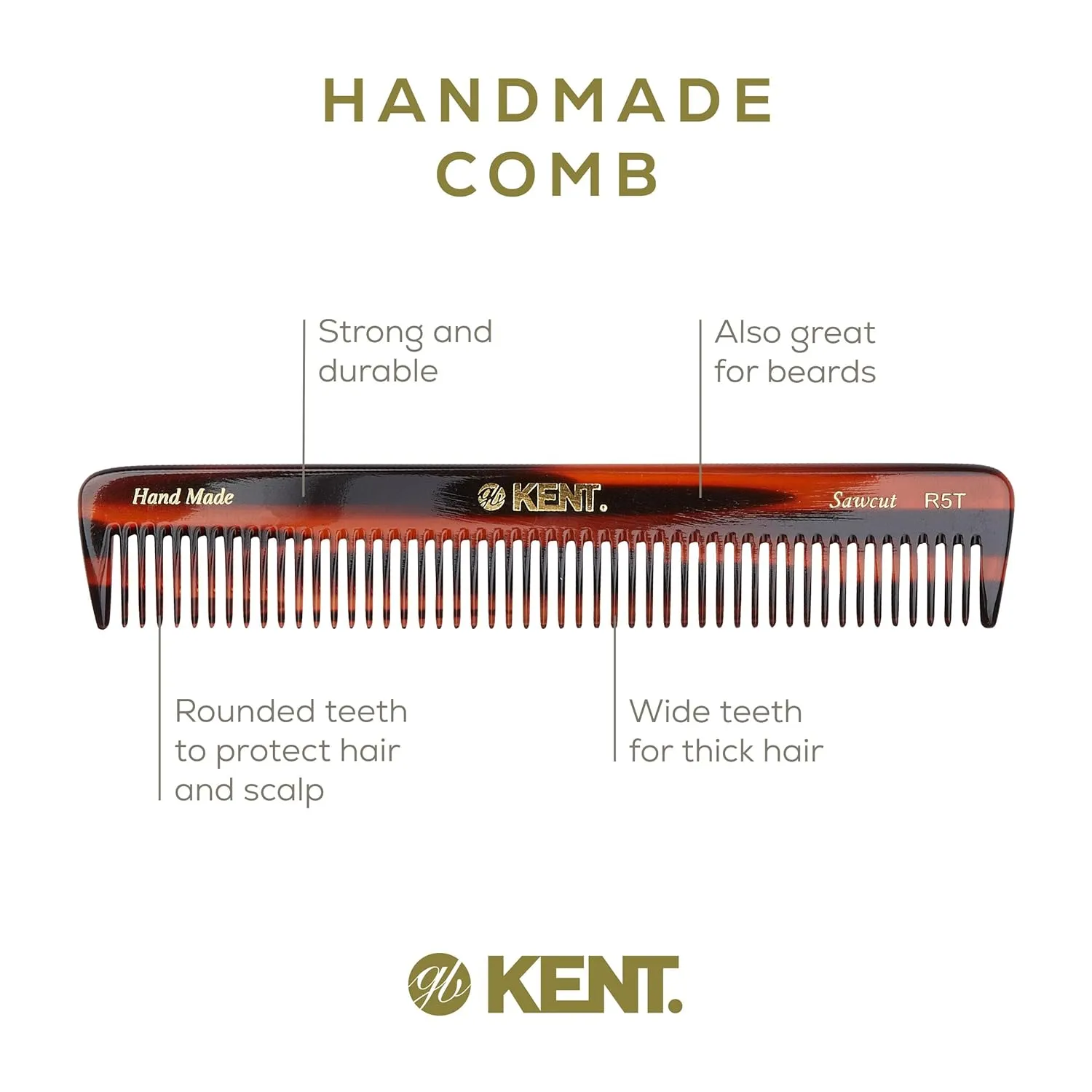 KENT Saw-Cut Hair Comb, All Coarse Hair Detangling Comb, Wide Teeth Dressing Table Comb for Thick Curly Wavy Hair, Handmade in England, 2 Pack