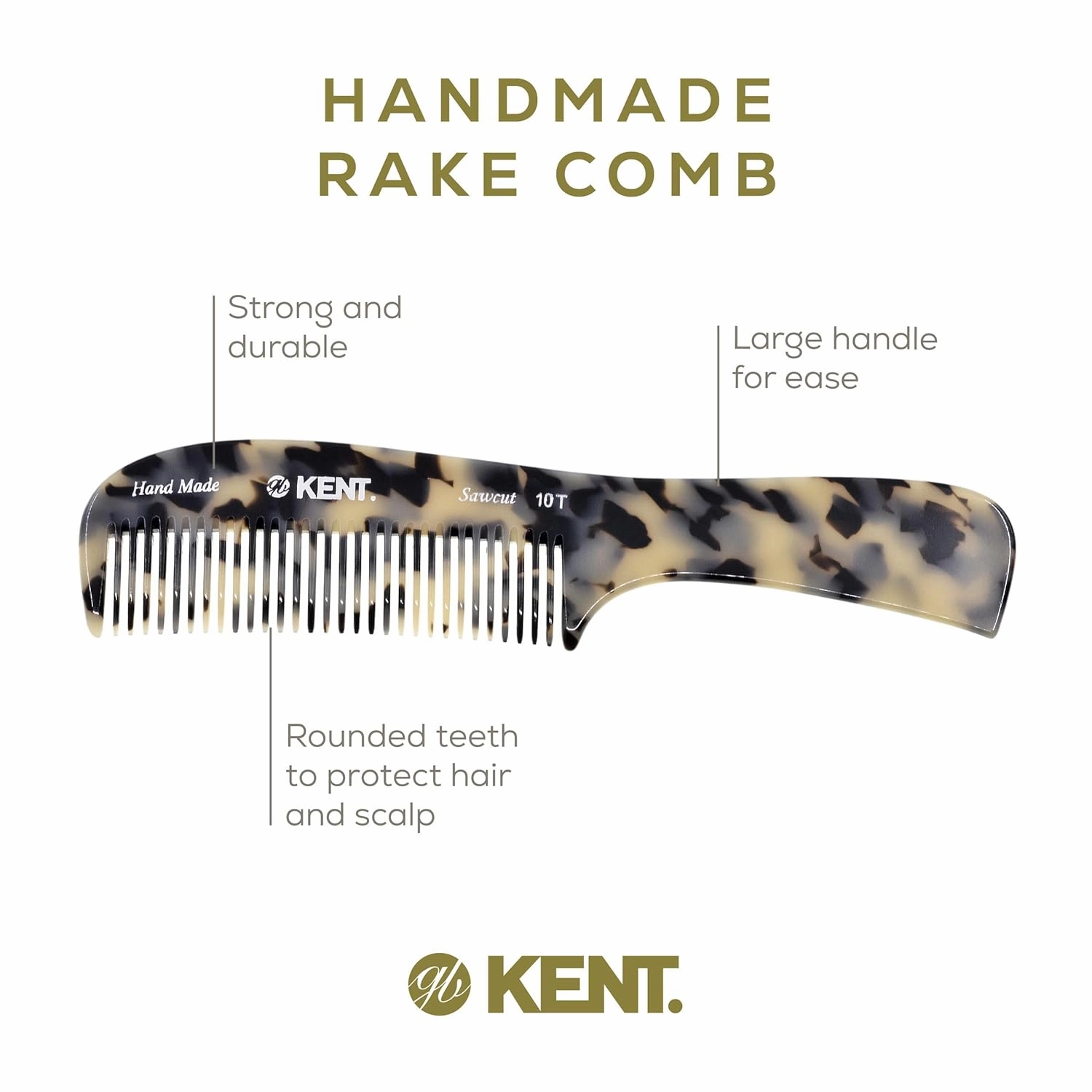 Kent 10T TW Large Detangler Comb, Handmade Wide Tooth Comb for Curly Thick Hair, Detangling Combs For Wet and Dry Hair, Saw-Cut and Hand Polished Made in England