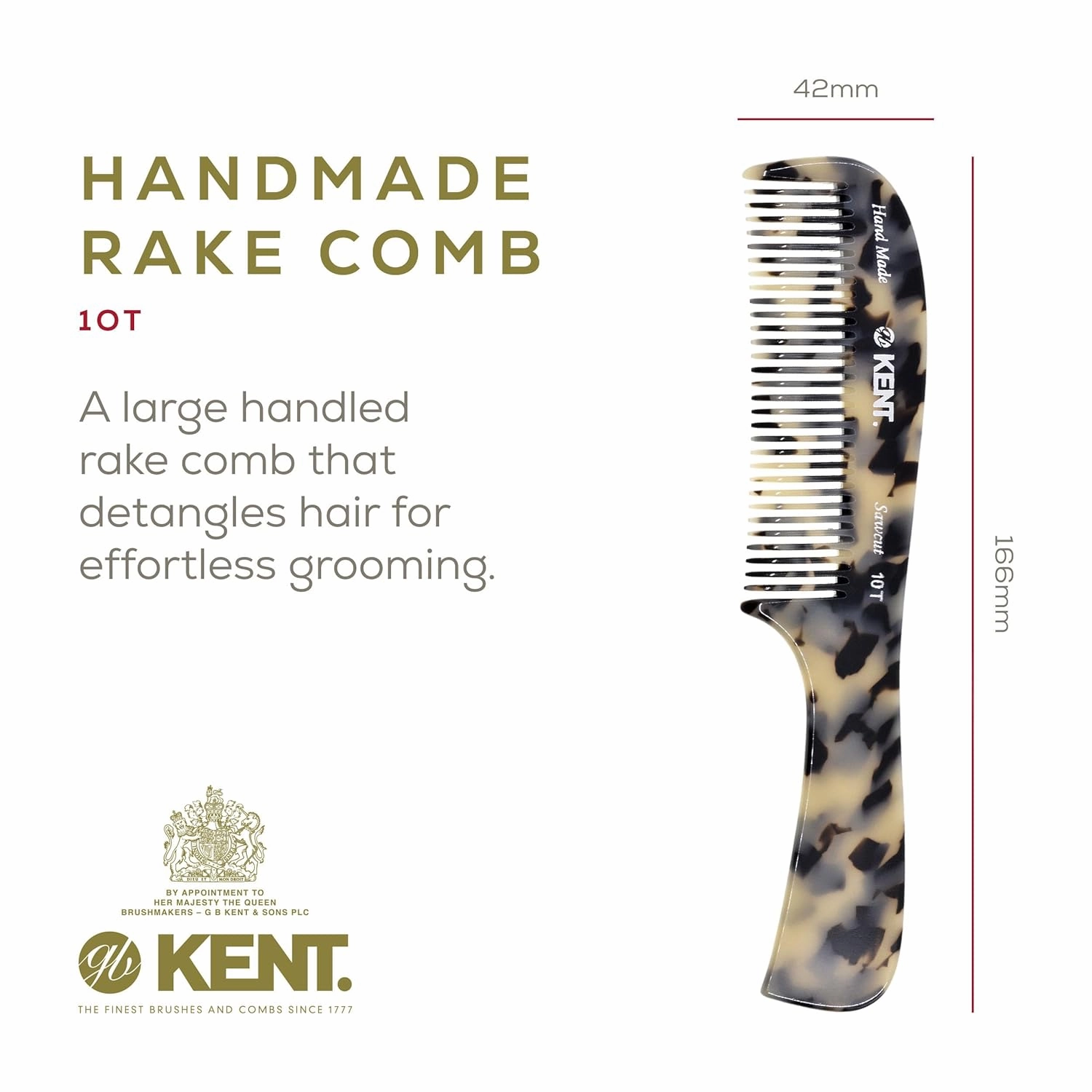 Kent 10T TW Large Detangler Comb, Handmade Wide Tooth Comb for Curly Thick Hair, Detangling Combs For Wet and Dry Hair, Saw-Cut and Hand Polished Made in England