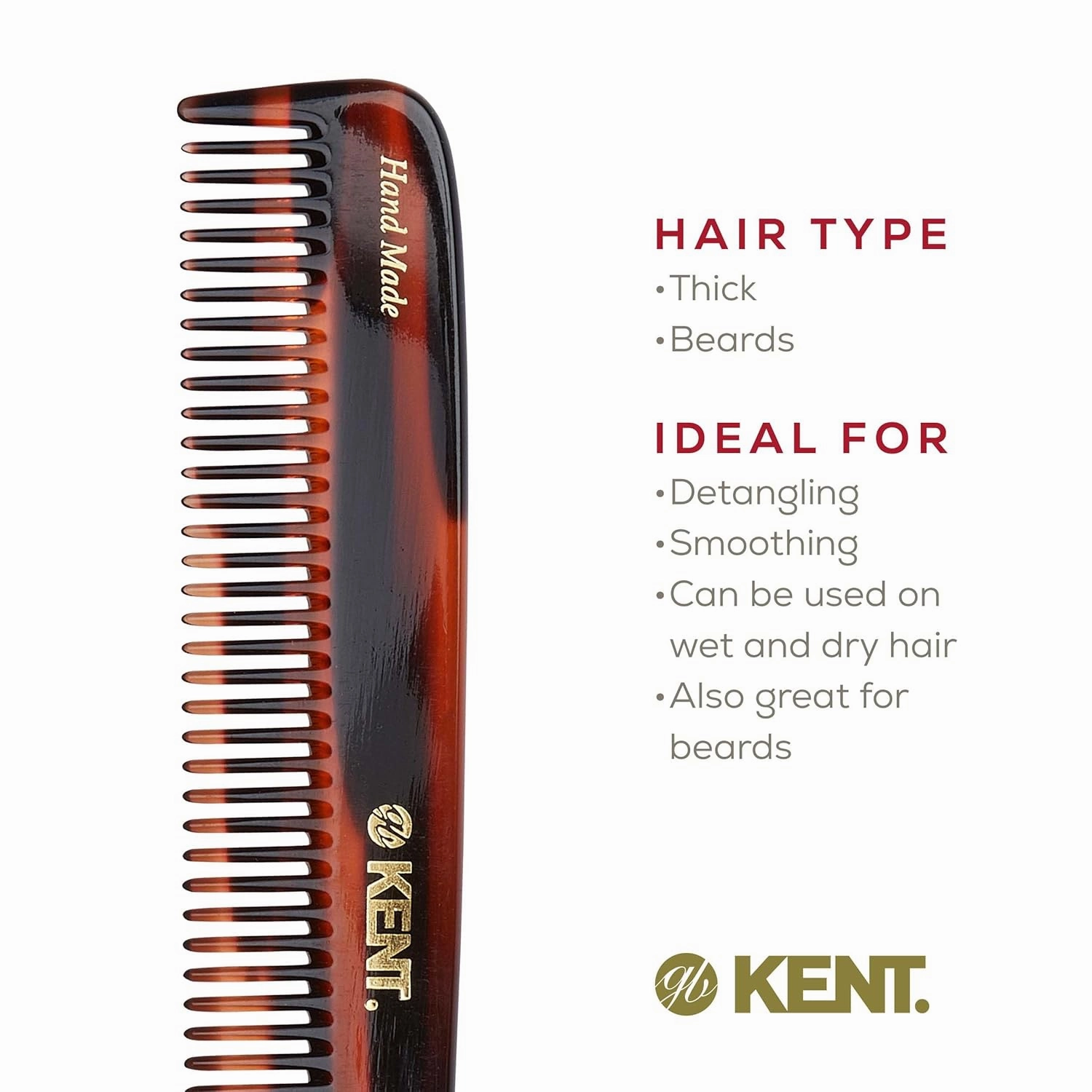 Kent R9T All Coarse Hair Detangling Comb Wide Teeth Dressing Table Comb for Thick Curly Wavy Hair. Hair Detangler Comb for Grooming Styling Hair, Beard and Mustache. Saw-Cut. Handmade in England
