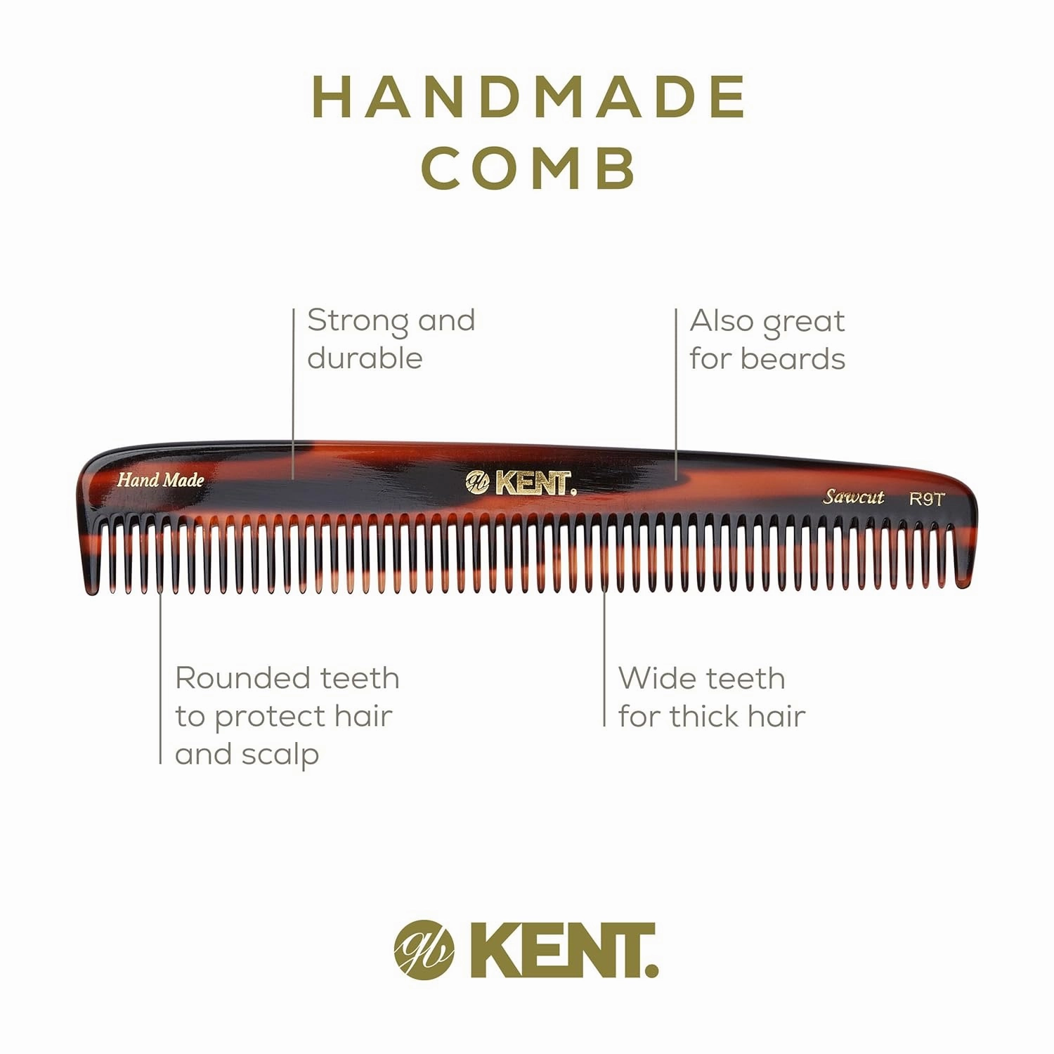 Kent R9T All Coarse Hair Detangling Comb Wide Teeth Dressing Table Comb for Thick Curly Wavy Hair. Hair Detangler Comb for Grooming Styling Hair, Beard and Mustache. Saw-Cut. Handmade in England