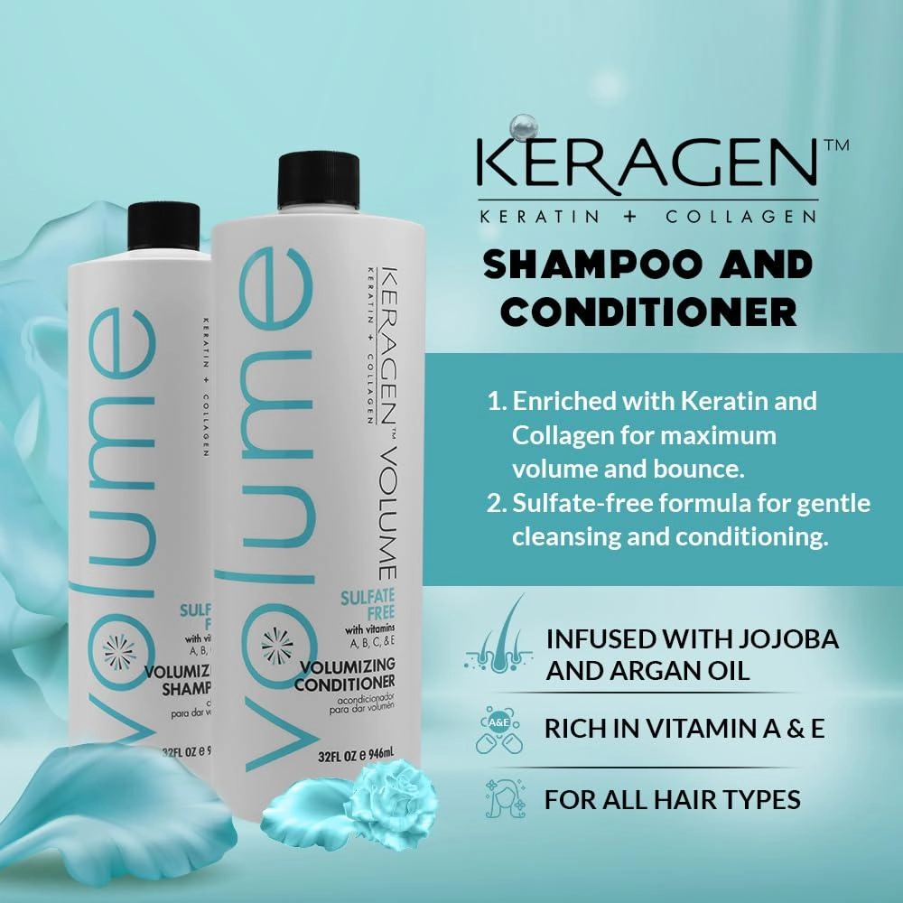 KERAGEN - Volumizing Shampoo & Conditioner for Fine Hair - Boosts Volume & Nourishes
