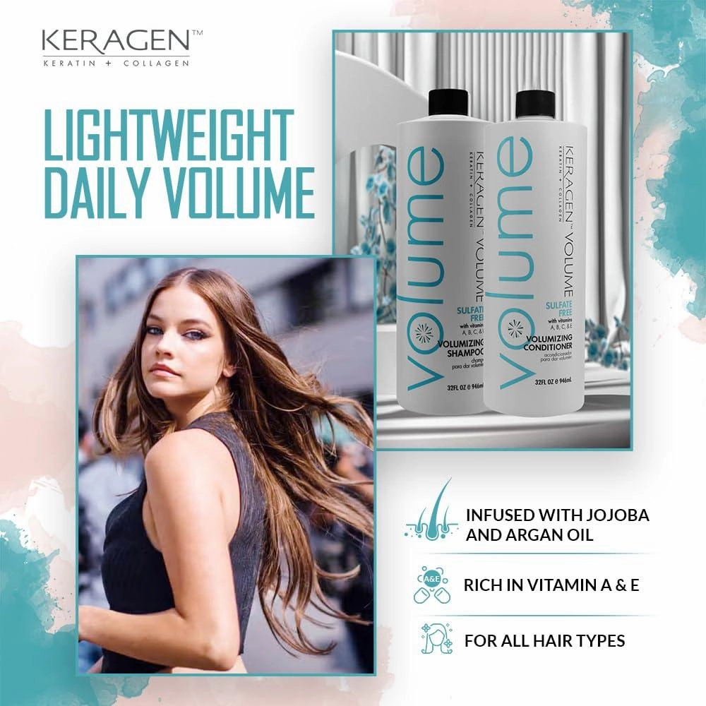KERAGEN - Volumizing Shampoo & Conditioner for Fine Hair - Boosts Volume & Nourishes