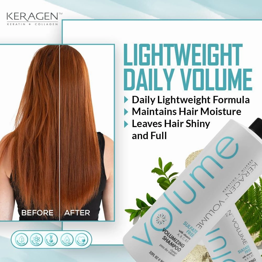 KERAGEN - Volumizing Shampoo & Conditioner for Fine Hair - Boosts Volume & Nourishes