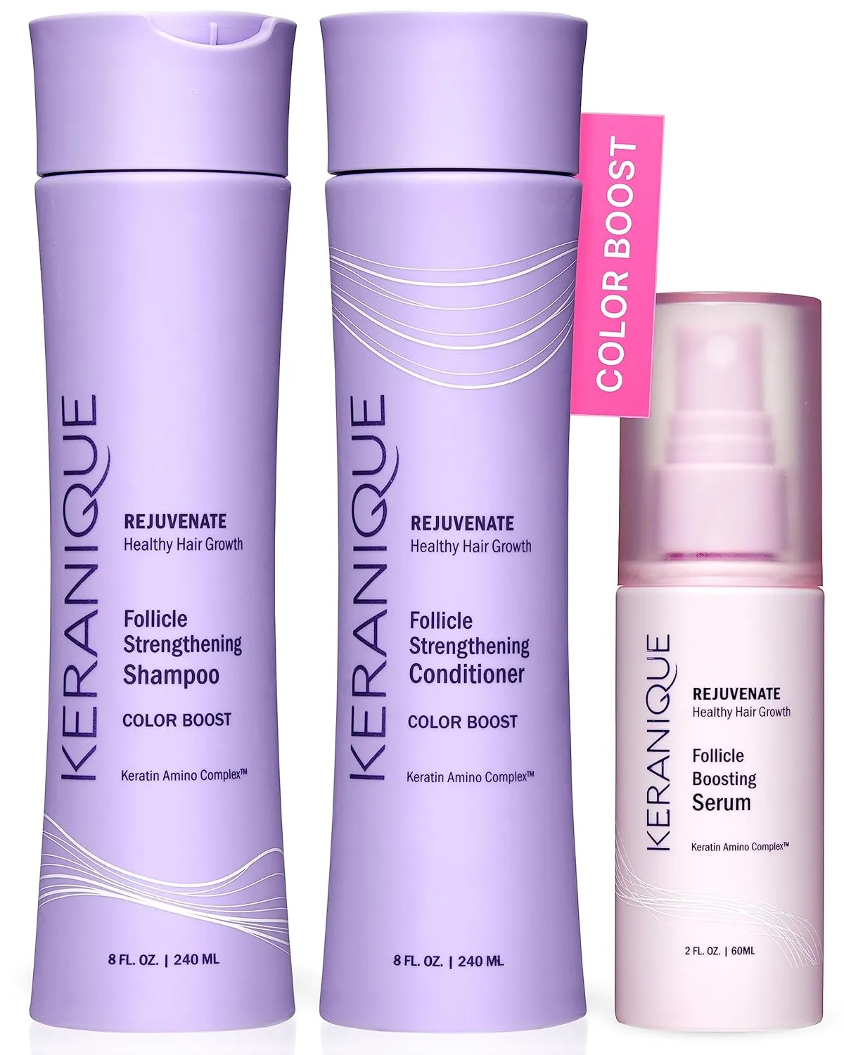 Keranique Color Treated Shampoo and Conditioner Set with Follicle Booster Hair Serum - Keratin Enriched Color Boost Set w/Shampoo, Conditioner & Thickening Spray for Women w/Fine, Thin, Colored Hair
