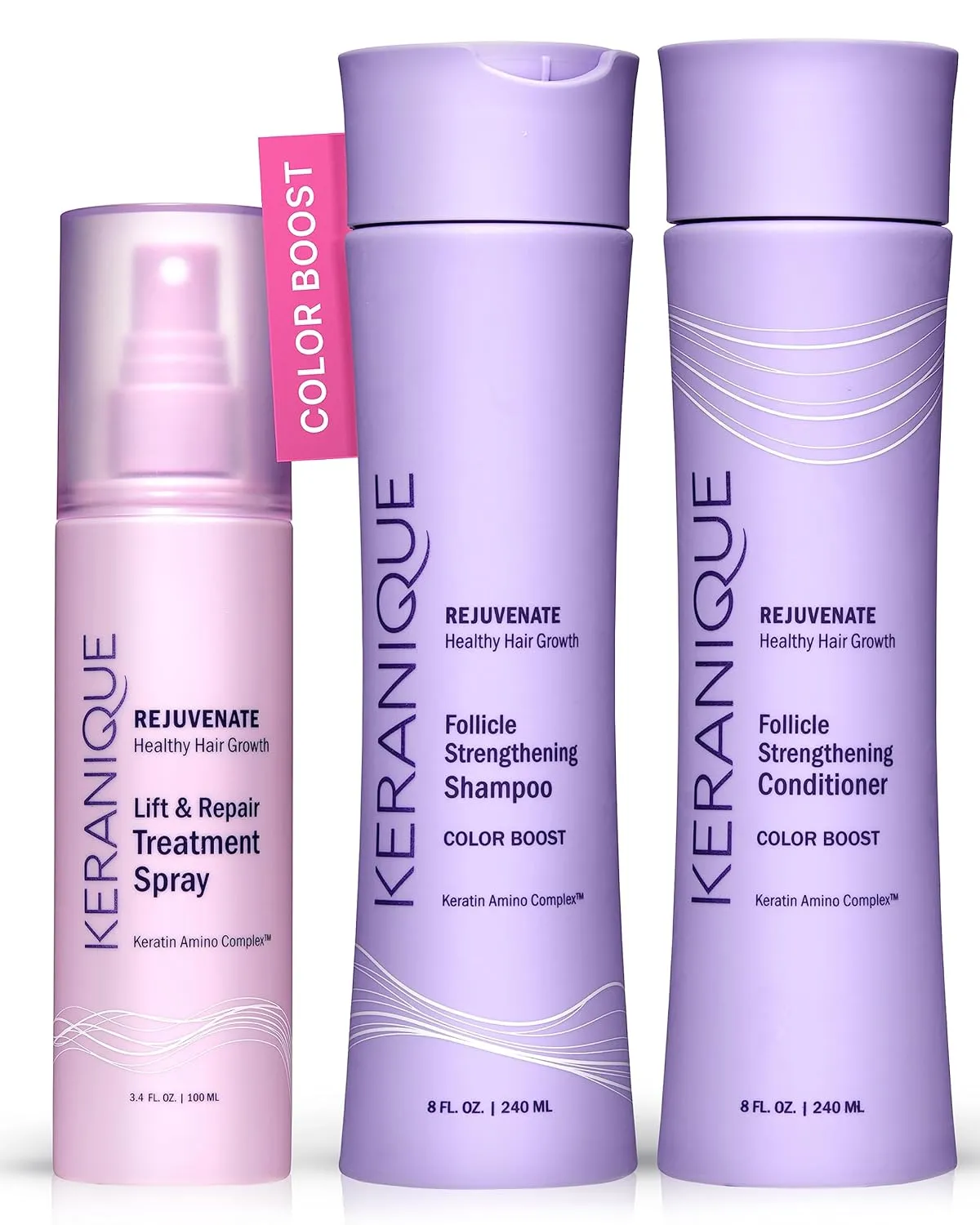 Keranique Color Treated Shampoo and Conditioner Set with Hair Thickening Spray - Keratin Enriched Color Boost Set w/Shampoo & Conditioner and Lift & Repair Spray for Women w/Fine, Thin, Colored Hair