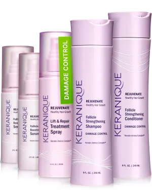 Keranique Damage Control Set for Thinning Hair - Shampoo and Conditioner for Damaged Hair, Follicle Booster Serum, Lift & Repair Spray - Keratin Enriched Repair Products for Women with Dry, Thin Hair