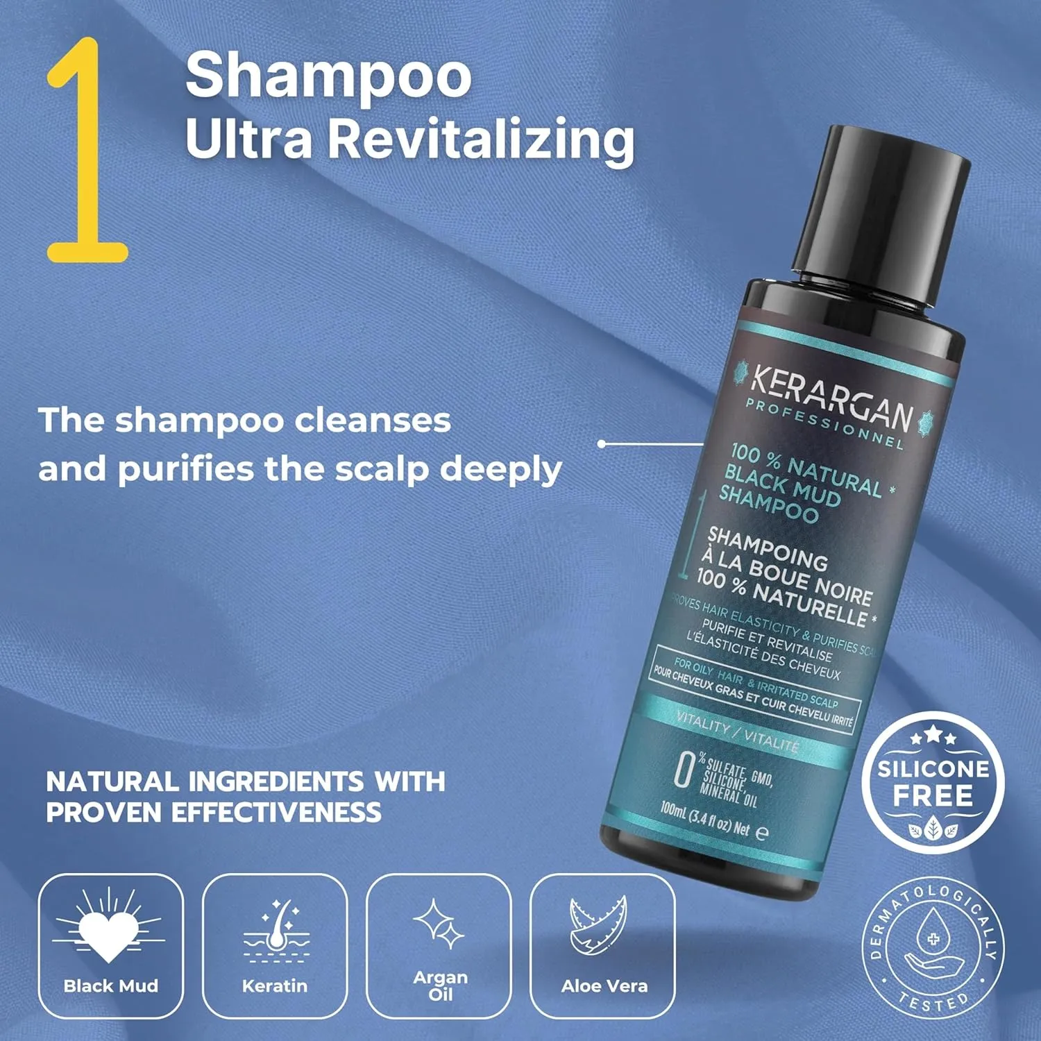 Kerargan - Dead Sea Black Mud Revitalizing Travel Kit for Oily Hair and Irritated Scalp - Shampoo, Conditioner, Mask - Purifies & Revitalizes - Sulfate-Free, GMO-Free - 3x3.4 Fl oz