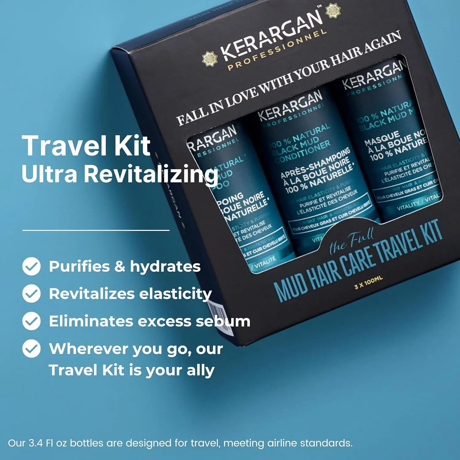 Kerargan - Dead Sea Black Mud Revitalizing Travel Kit for Oily Hair and Irritated Scalp - Shampoo, Conditioner, Mask - Purifies & Revitalizes - Sulfate-Free, GMO-Free - 3x3.4 Fl oz
