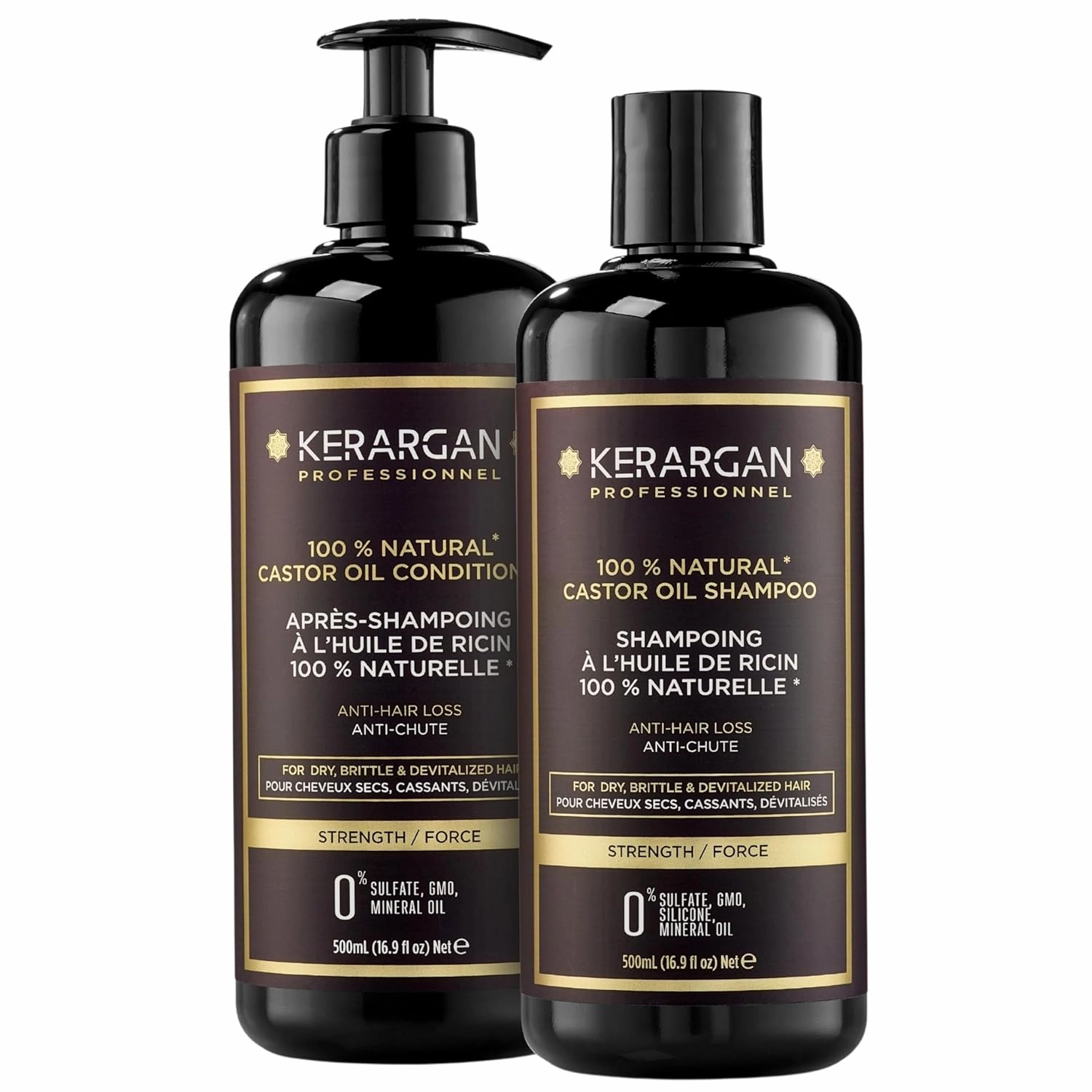 Kerargan - Anti-Hair Loss Shampoo & Conditioner Duo with Castor Oil for Dry, Brittle, Lifeless Hair - Promotes Growth - Sulfate-Free, Silicone-Free, GMO-Free - 2x16.9 Fl oz