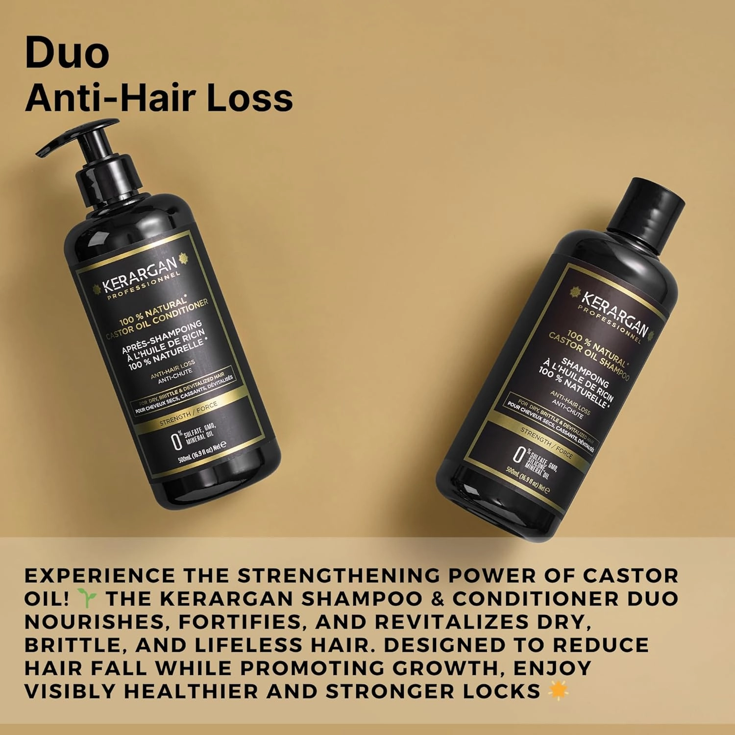 Kerargan - Anti-Hair Loss Shampoo & Conditioner Duo with Castor Oil for Dry, Brittle, Lifeless Hair - Promotes Growth - Sulfate-Free, Silicone-Free, GMO-Free - 2x16.9 Fl oz
