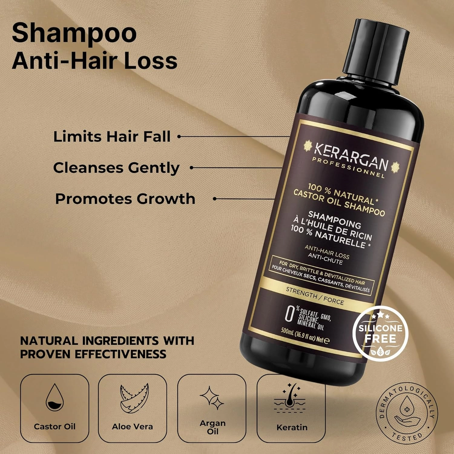 Kerargan - Anti-Hair Loss Shampoo & Conditioner Duo with Castor Oil for Dry, Brittle, Lifeless Hair - Promotes Growth - Sulfate-Free, Silicone-Free, GMO-Free - 2x16.9 Fl oz