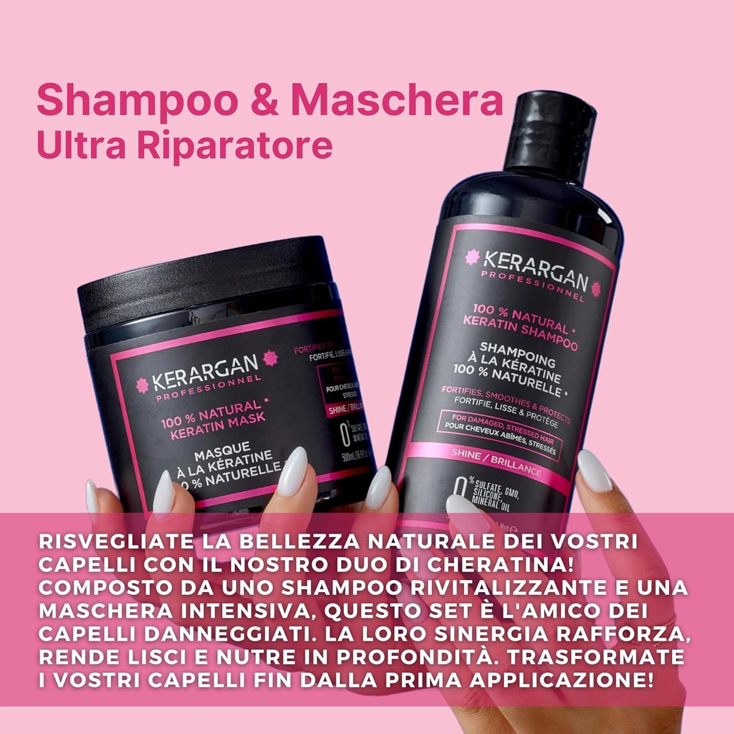 Kerargan - Ultra Repairing Keratin Shampoo & Mask Duo for Damaged and Stressed Hair - Nourishes, Smoothens & Protects - Sulfate-Free, Non-GMO, Silicone-Free - 2x16.9 Fl oz