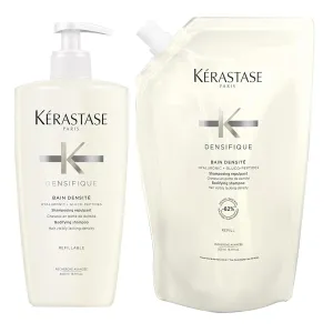 Kerastase Densifique Densité Shampoo and Refill Pouch - Thickening & Strengthening Shampoo, Removes Build-Up & Adds Shine, With Hyaluronic Acid, For Fine, Thin & Thinning Hair, 16.9 Fl Oz