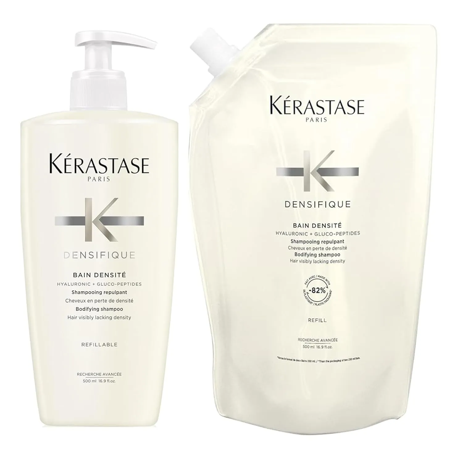 Kerastase Densifique Densité Shampoo and Refill Pouch - Thickening & Strengthening Shampoo, Removes Build-Up & Adds Shine, With Hyaluronic Acid, For Fine, Thin & Thinning Hair, 16.9 Fl Oz