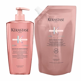 Kerastase Chroma Absolu Bain Riche Chroma Respect Shampoo and Refill - Nourishes & Protects Color, Seals Fiber Porosity, For Medium to Thick Hair, 16.9 Fl Oz