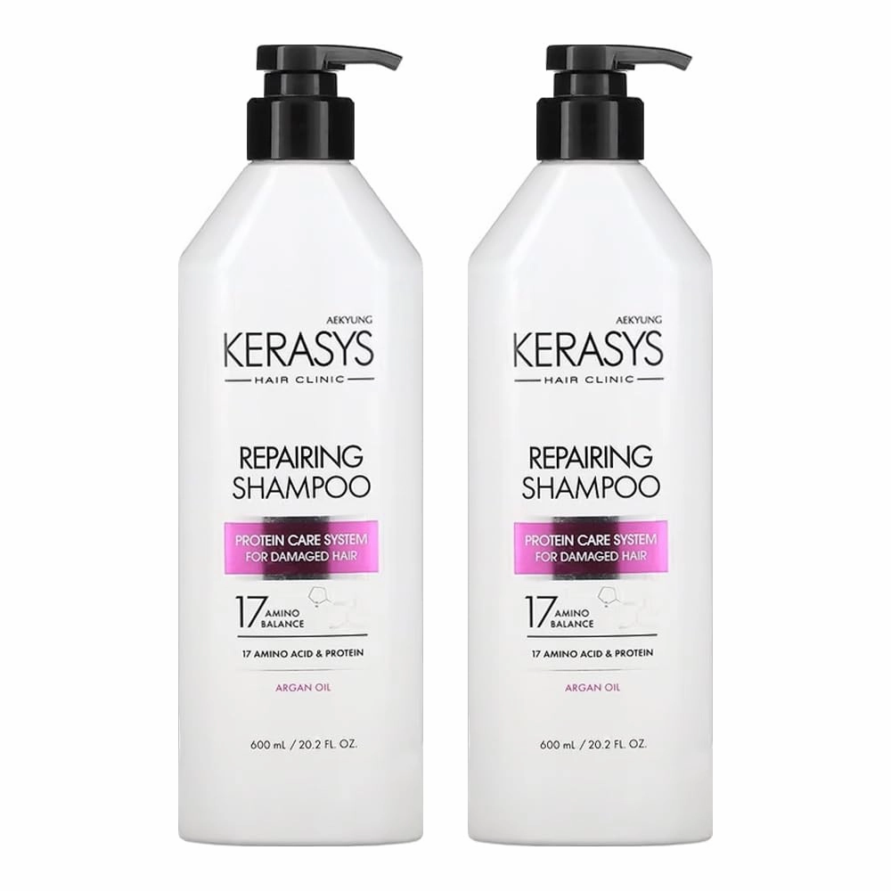 Kerasys Hair Clinic Protein Care System for Damaged Hair Argan Oil REPAIRING 20.2 fl oz / 600 ml (Shampoo 2-Pack)