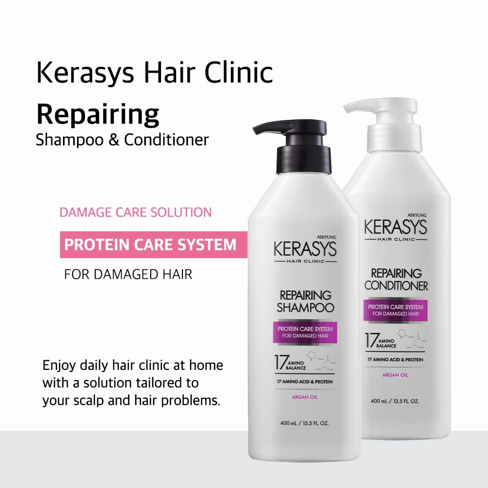Kerasys Hair Clinic Protein Care System for Damaged Hair Argan Oil REPAIRING 20.2 fl oz / 600 ml (Shampoo 2-Pack)