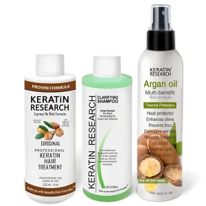 Keratin Research Brazilian Keratin Hair Blowout Treatment Spray with Queratina Keratina - Advanced Straightening & Smoothing for 4-6 Months, Fresh Scent, Includes Argan Oil Thermal Protector (12oz)