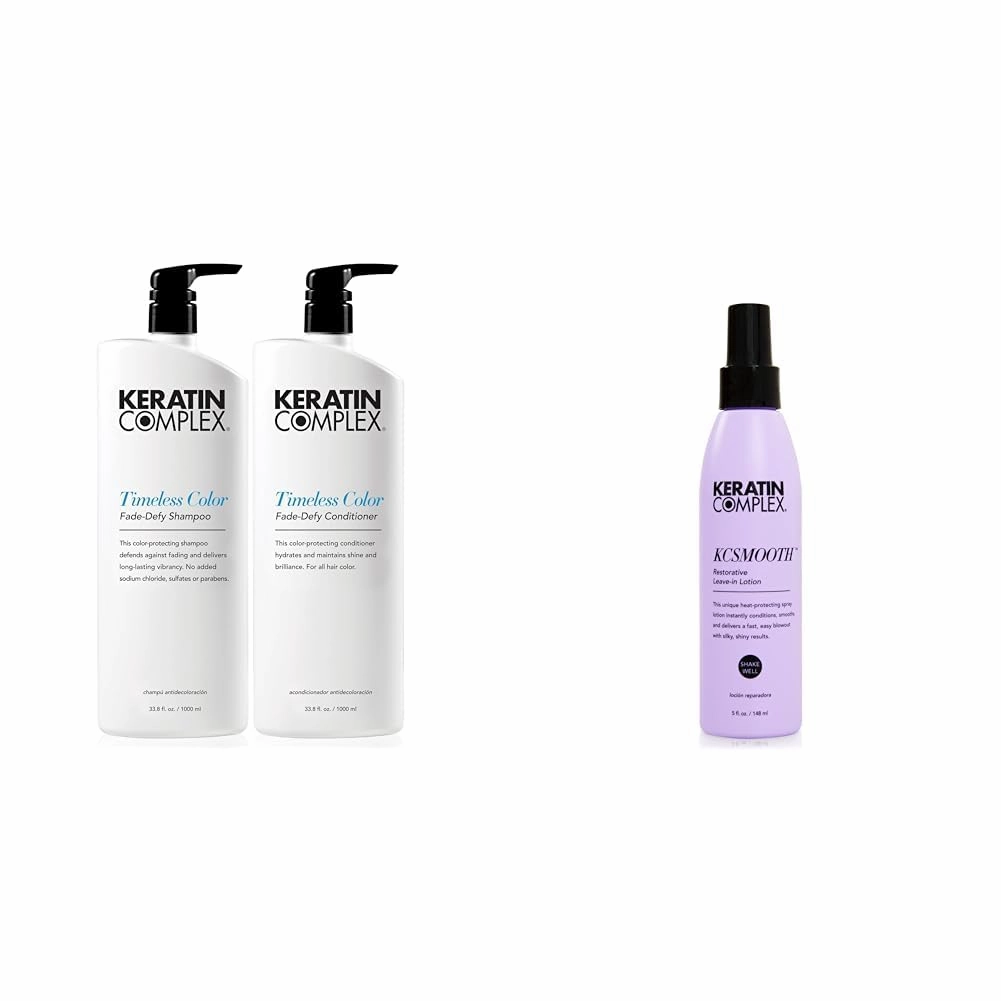 Keratin Complex - Timeless Color Fade Shampoo & Conditioner Duo - 33.8 fl oz Each & KCSMOOTH Restorative Leave-in Lotion Blow Dry Aid - 5 fl oz