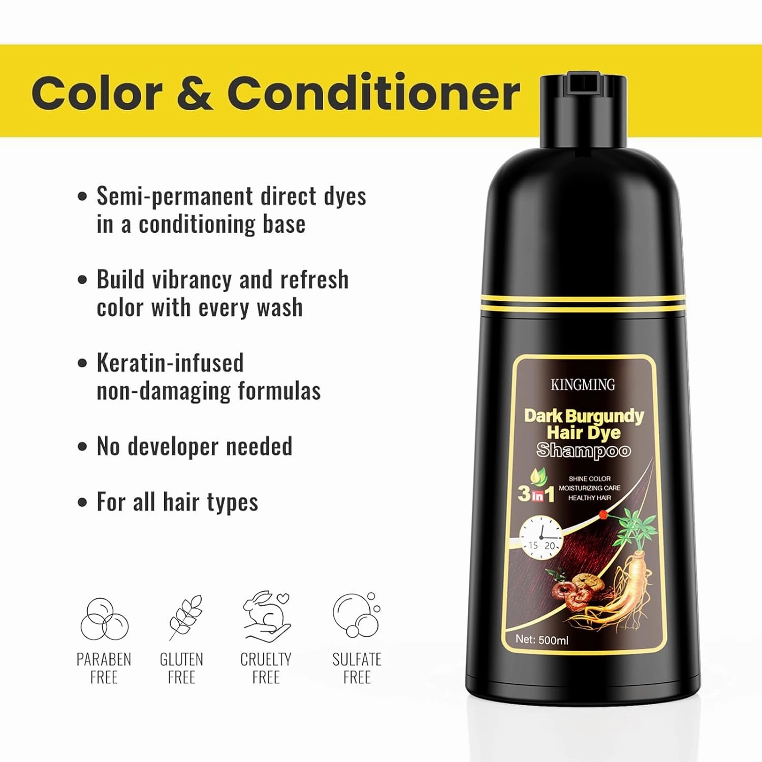 KINGMING Wine Red Hair Dye Shampoo 3 in 1 for Gray Hair, Hair Color Shampoo for Women Men Grey Hair Coverage, Herbal Ingredients Champu Con Tinte Para Canas 500ml (Burgundy)