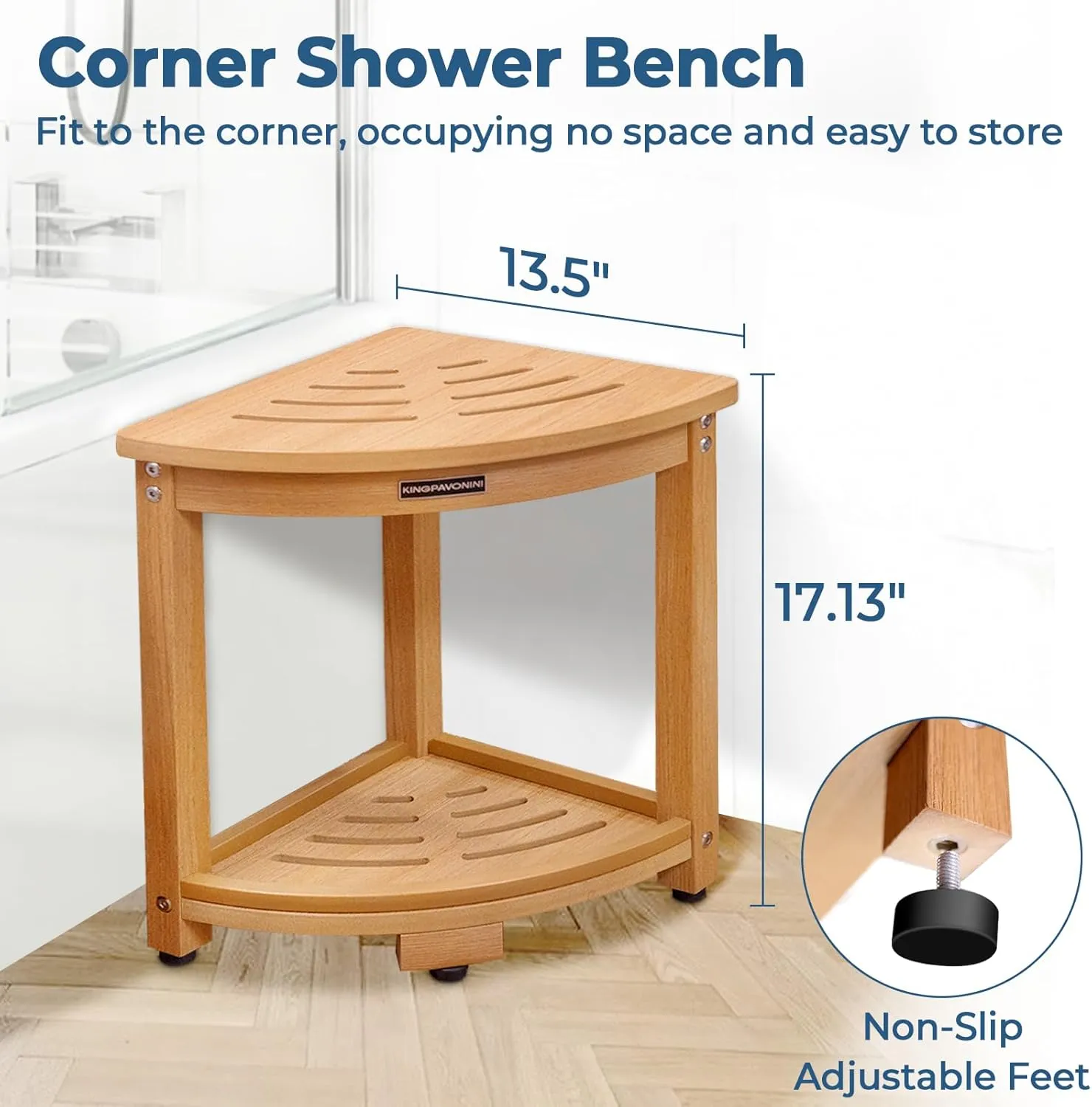 KingPavonini Corner Shower Bench Waterproof, HDPS Shower Stool for Inside Shower, Anti-Fracture Shower Seat with Storage Shelf, Rapid Assembly, Weight Capacity 400LBS