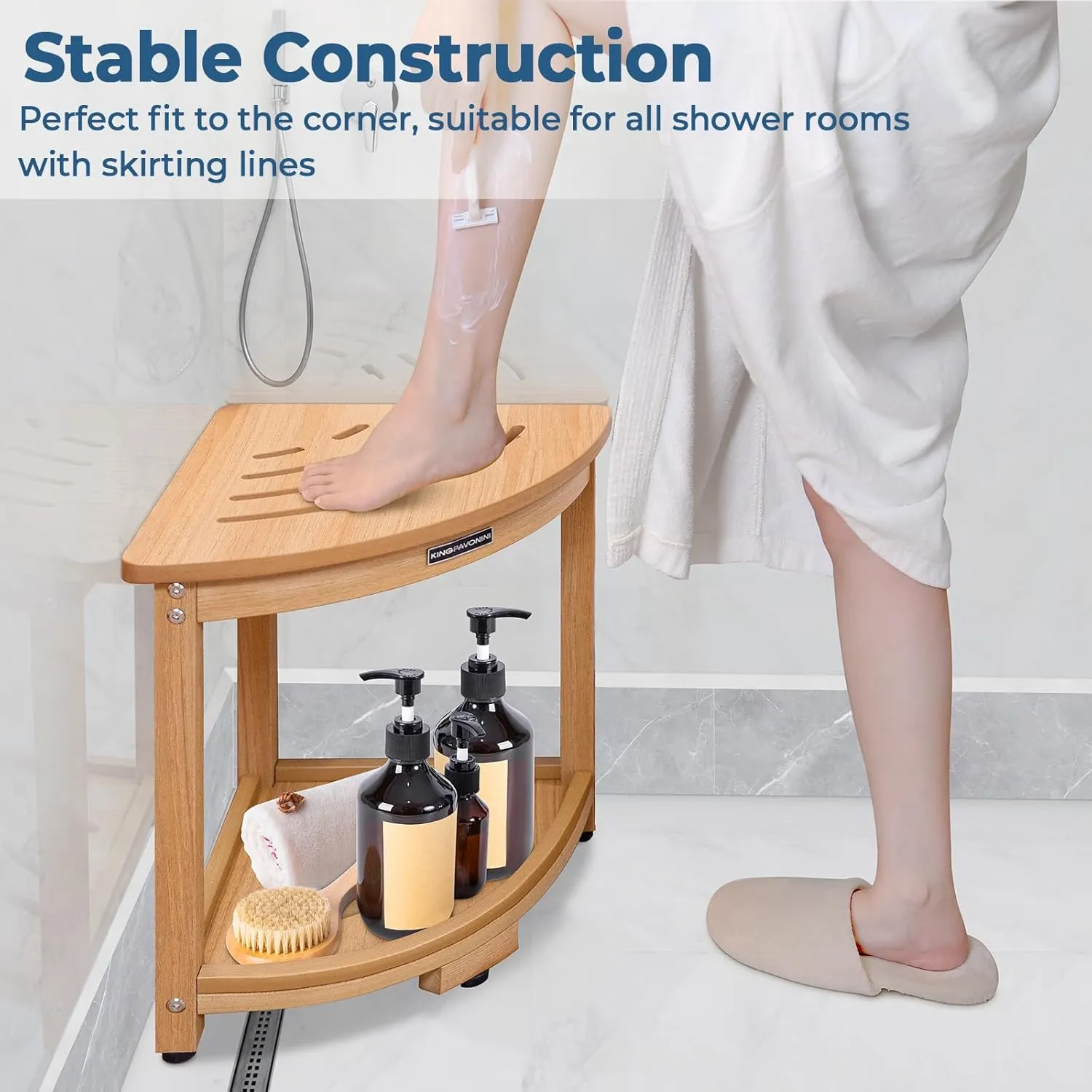 KingPavonini Corner Shower Bench Waterproof, HDPS Shower Stool for Inside Shower, Anti-Fracture Shower Seat with Storage Shelf, Rapid Assembly, Weight Capacity 400LBS