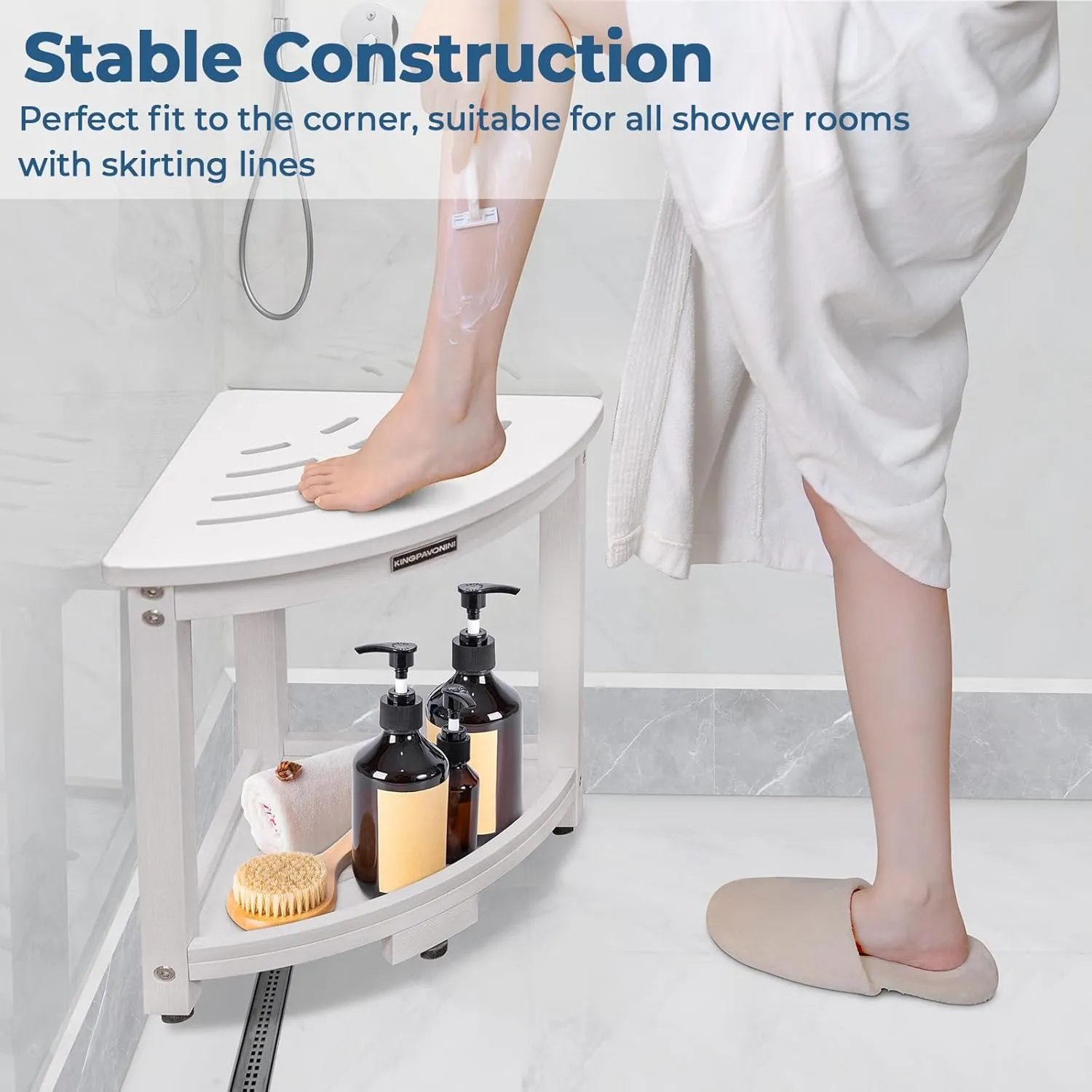 KingPavonini HDPS Corner Shower Stool for Inside Shower Waterproof, Anti-Fading Shower Bench for Shaving Legs, Anti-Fracture Shower Seat with Storage Shelf, Rapid Assembly, Load 400 Pounds