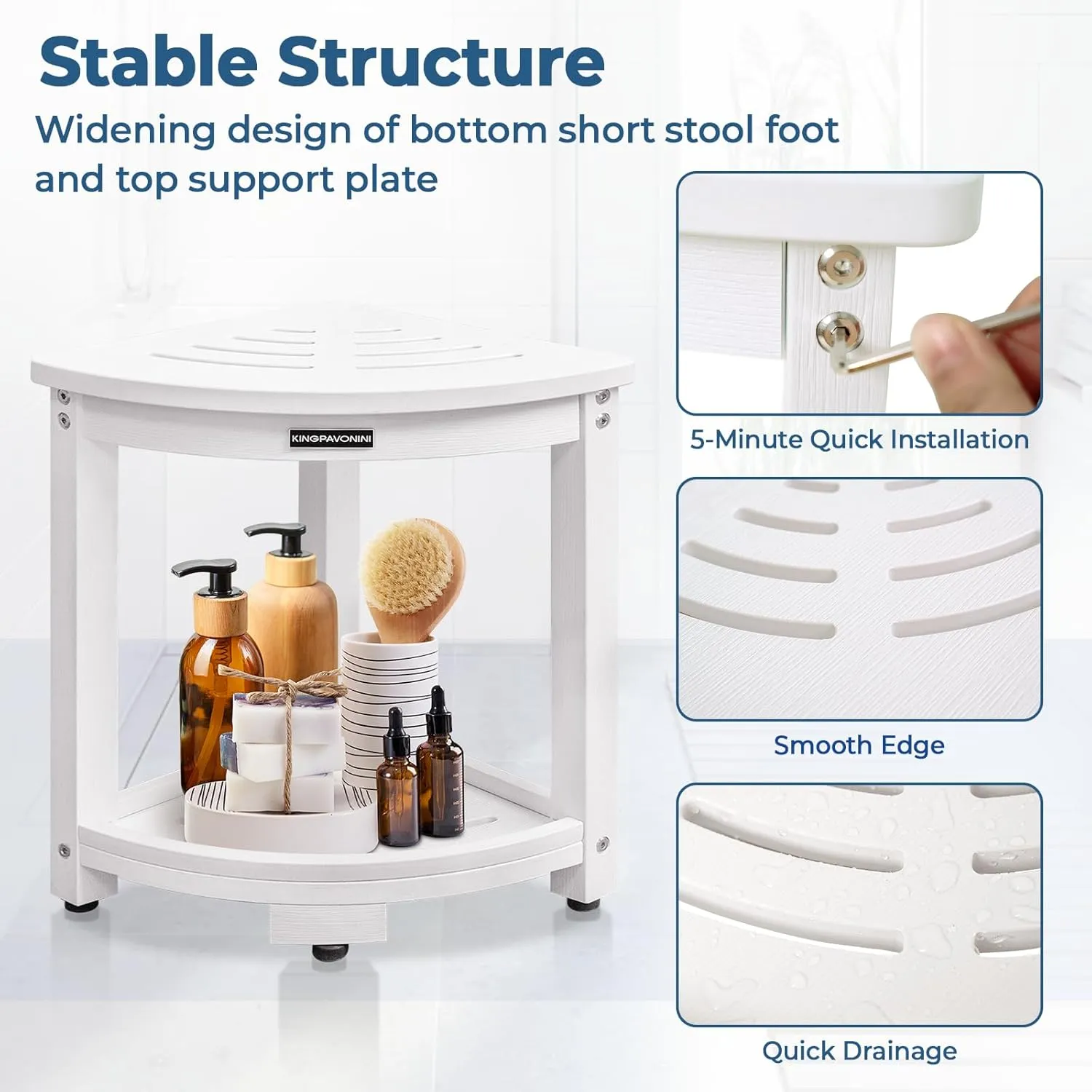 KingPavonini HDPS Corner Shower Stool for Inside Shower Waterproof, Anti-Fading Shower Bench for Shaving Legs, Anti-Fracture Shower Seat with Storage Shelf, Rapid Assembly, Load 400 Pounds